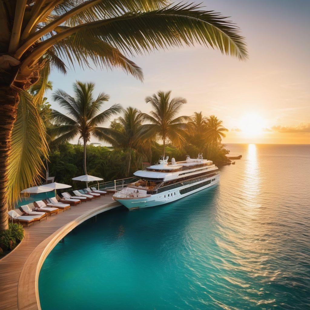 A stunning seaside view of a luxurious cruise ship gliding through crystal-clear turquoise waters, surrounded by palm trees and a golden sunset. Elegant passengers are enjoying cocktails on the deck, while a distant tropical island is visible on the horizon. The scene should exude opulence and relaxation with soft, warm lighting. super-realistic. vibrant colors. calming atmosphere.