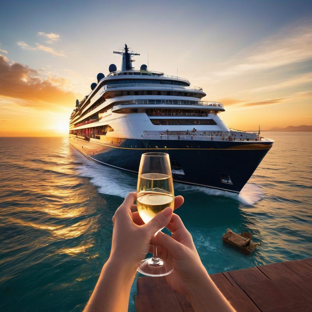 A majestic cruise ship gliding through azure waters, surrounded by palm-fringed islands and a breathtaking sunset. Elegant passengers enjoying a glamorous deck party with champagne glasses in hand, while rich textures of the ship's architecture are highlighted. Subtle touches of adventure with activities like snorkeling and shore excursions in the background. super-realistic. vibrant colors. sunlit atmosphere.