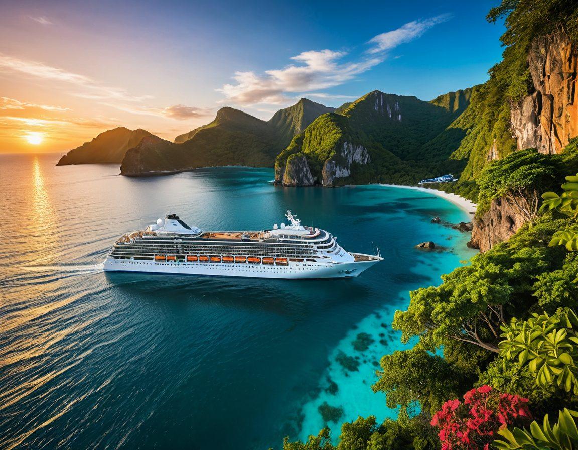 A breathtaking scene of a luxurious cruise ship sailing through crystal-clear turquoise waters, surrounded by stunning tropical islands with lush greenery. The sunset casts a warm golden glow, while excited travelers can be seen enjoying the deck with their cameras. In the background, dramatic cliffs and vibrant coral reefs are visible, hinting at unforgettable adventures ahead. tropical, serene, dreamy, vibrant colors, super-realistic.